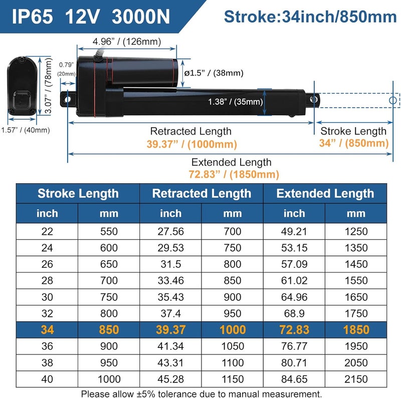 JQDML Store محرك خطي 34 بوصة 34" ذو شوط طويل 660 رطل/3000 نيوتن سرعة 5 مم/ث ثقيل الوزن IP65 مقاوم للماء مع مجموعة تثبيت 12 فولت - Image 2
